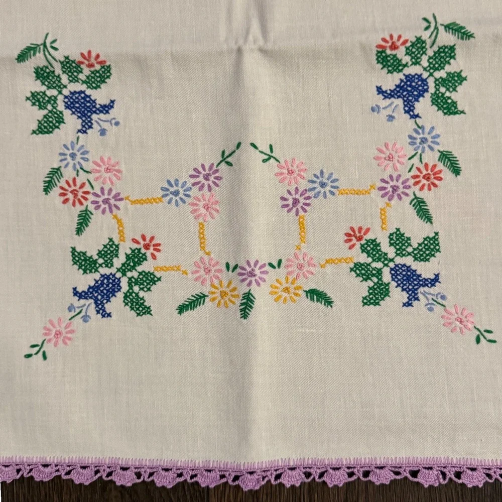Vintage 42 X 19 Embroidered Floral Cross Stitch Table Runner Purple Crochet Trim
